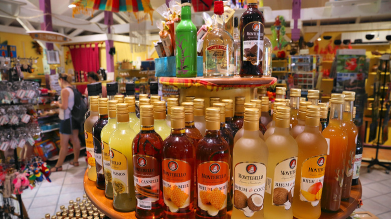 Bottles of rum at tourist gift shop in Caribbean