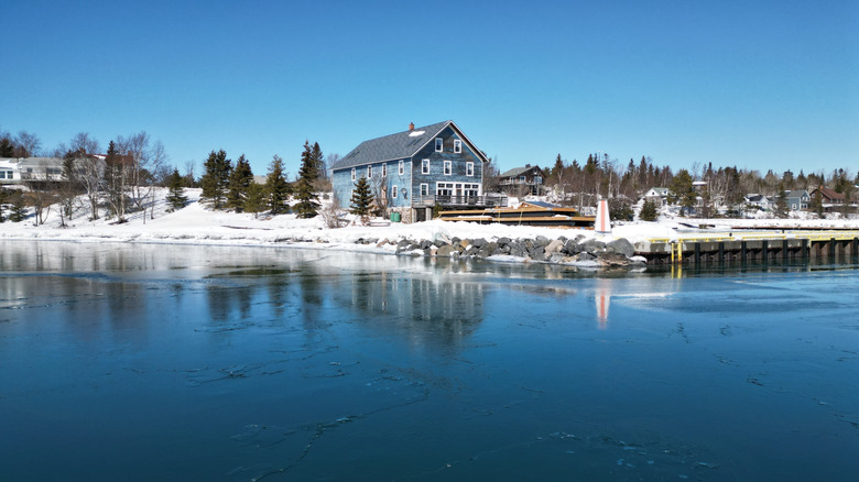 Silver Islet General Store lakeside during winter with snow in Ontario, Canada