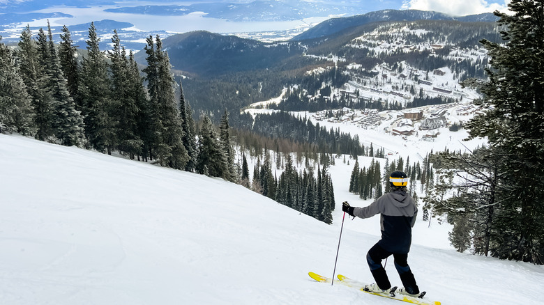 A skier going downhill, with mountain views ahead