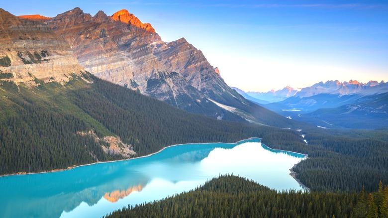 Turquoise Peyto Lake in the Canadian Rockies with the mountains reflected in the surface at sunrise