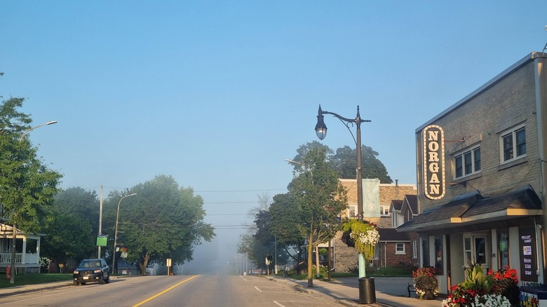 Looking down main street of Palmerston, Ontario, with old light posts, brick buildings, and fog in the background.