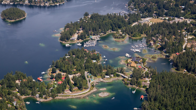 Aerial view of a tiny harbor community on a sunny day