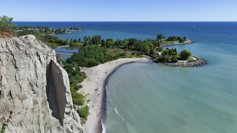 Aerial view of large limestone cliffs at Scarborough Bluffs on Lake Ontario, Canada