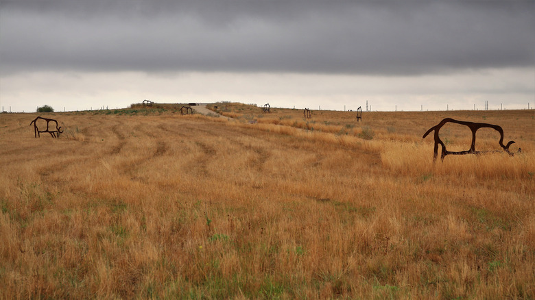Metal cutout sculptures of bison near trail through grassland at Wanuskewin Heritage Park