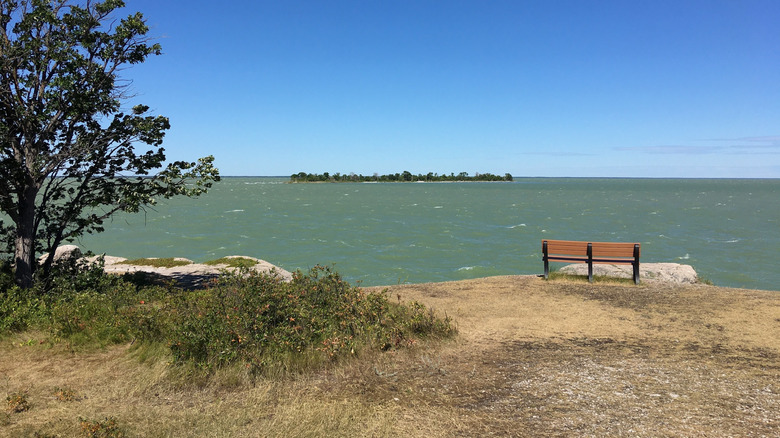 A bench overlooking Lake Manitoba along the Steep Rock Trail at Steep Rock Beach