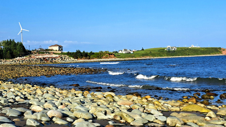 Big pebbles and boulders along a stretch of blue sea.