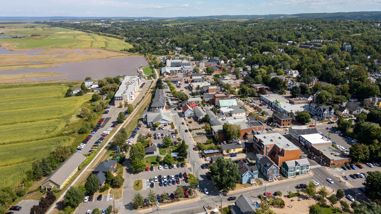 Downtown Wolfville, Nova Scotia drone shot showing the dykes