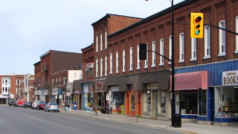 Red-bricked shops line a downtown Brighton street