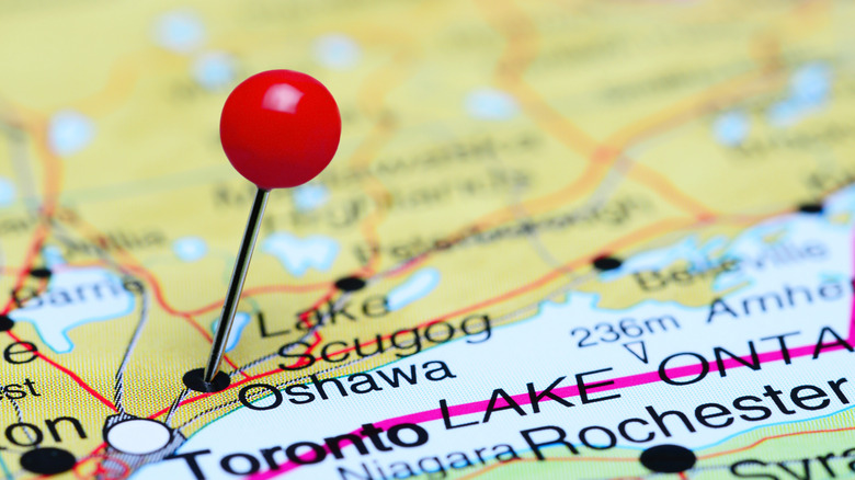 Pin in map of Canada indicating the city of Oshawa