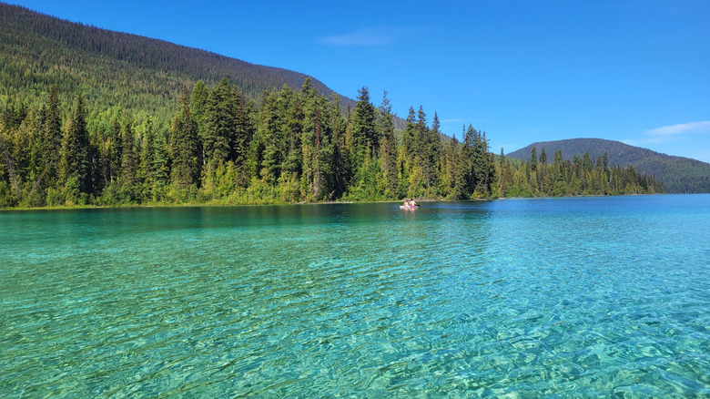 Super clear turquoise water at Johnson Lake, with trees lining the shore