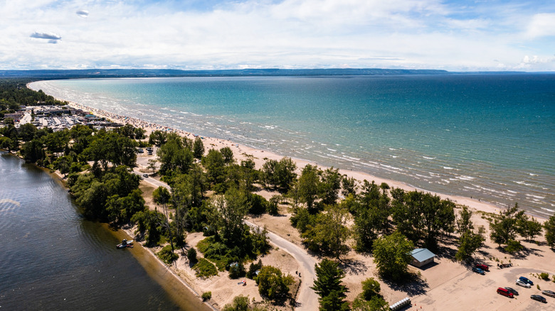 Aerial view of bay and trees of Wasaga Beach