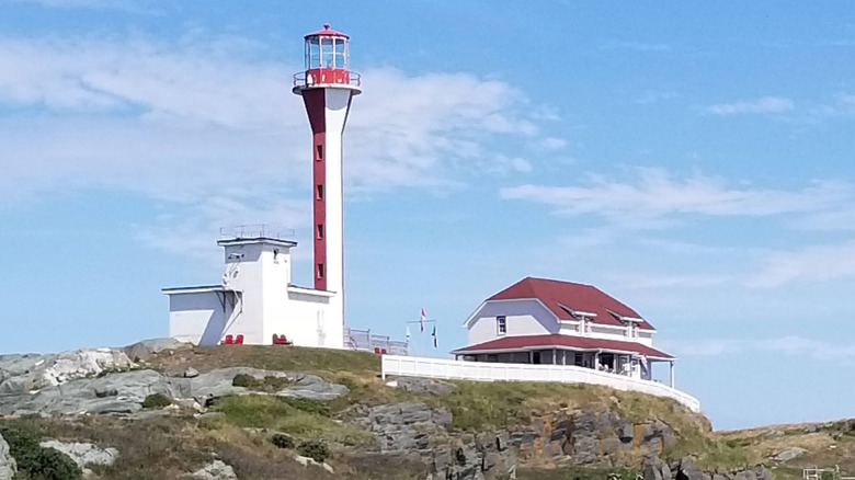 The Cape Forchu Lighthouse overlooking the sea in Yarmouth, Nova Scotia