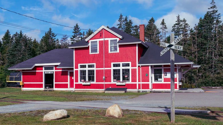 Red facade of the Musquodoboit Harbour Train museum in Nova Scotia