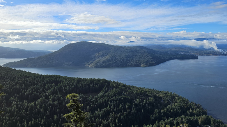 A view of other islands from the top of Mount Erskine in Mount Erskine Park, Salt Spring Island, South Gulf Islands, British Columbia, Canada