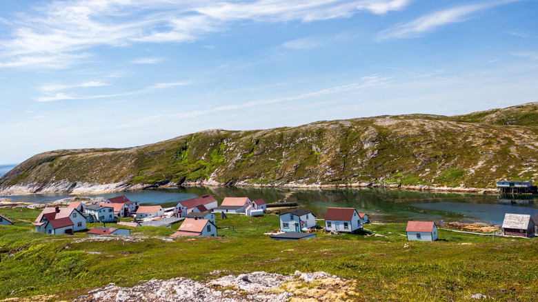 Colorful fishing village buildings in Battle Harbour