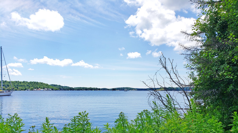 A sailboat in the scenic Parry Sound Harbor in Ontario