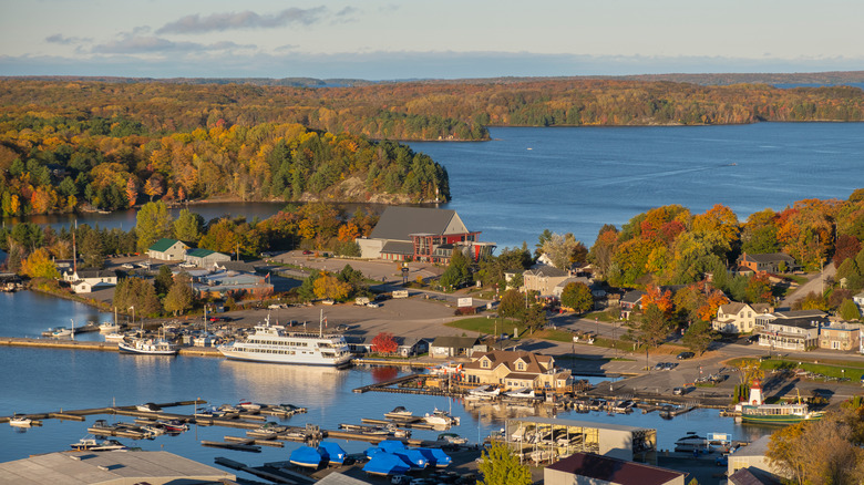 Aerial view of scenic fall colors in Parry Sound, Ontario