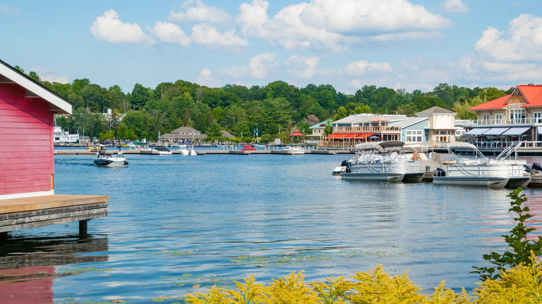 Boats docked in the wharf with colorful buildings and forest on the shore