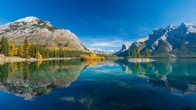Mirror-like reflection of mountains in lake