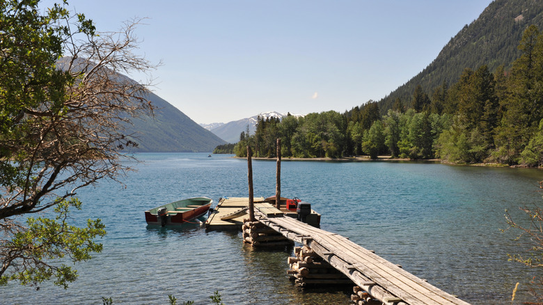 Small boats docked on Chilko Lake, British Columbia, Canada, on a sunny day