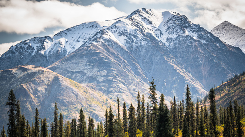 A mountain in Nahanni National Park, Northwest Territories with snowcapped peaks