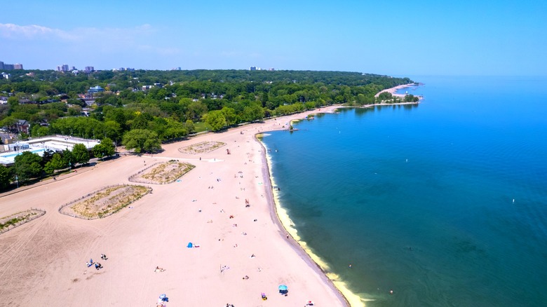 An aerial view of Woodbine Beach in Toronto on a sunny day