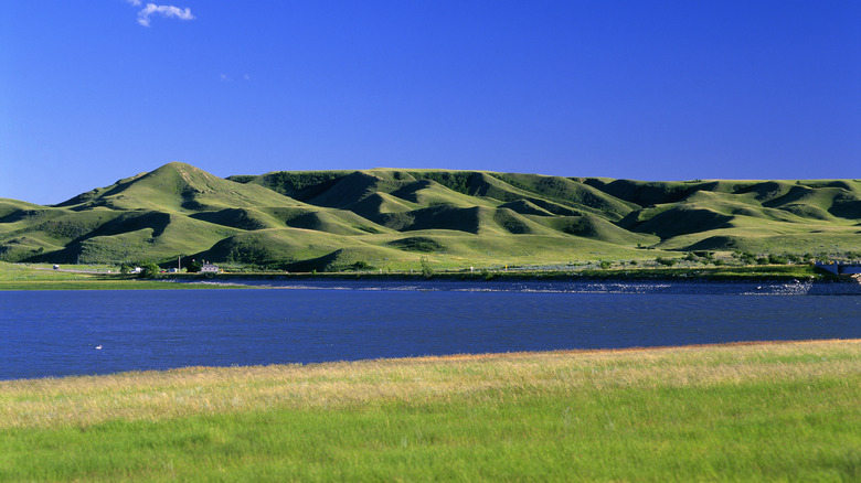 View of Lake Diefenbaker and green rolling hills in the background on a sunny day