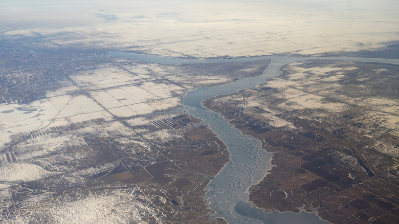 Aerial view of Lake Diefenbaker in winter