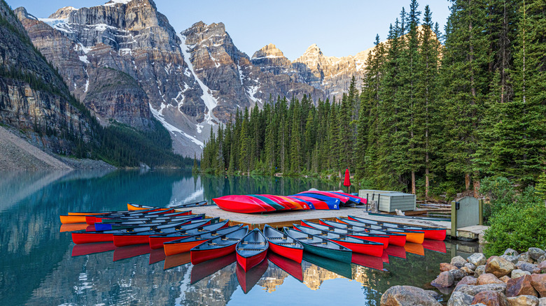 Canoes docked at Moraine Lake