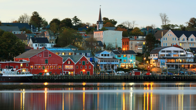 View from the Atlantic seaside of Lunenberg, Nova Scotia and its colorful, historic buildings along the shore