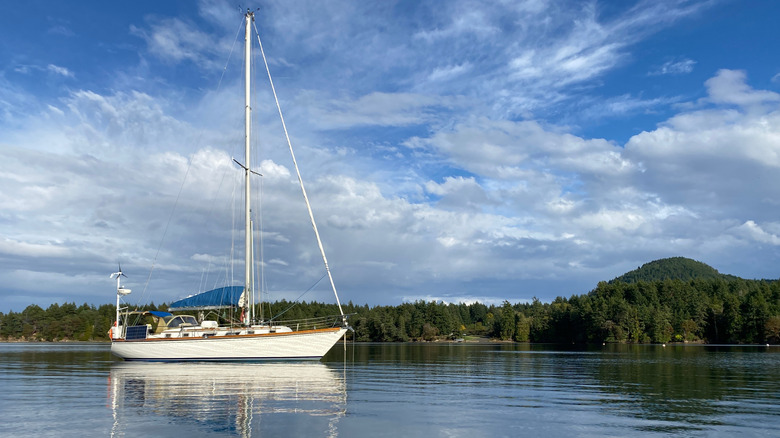 A sailboat anchored in a cove off Saturna Island, in the Gulf Islands National Seashore