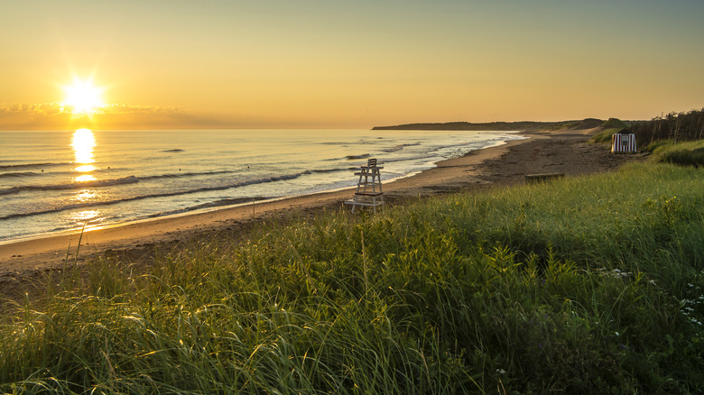 Cavendish Beach on the northern coast of Prince Edward Island, Canada, at sunrise