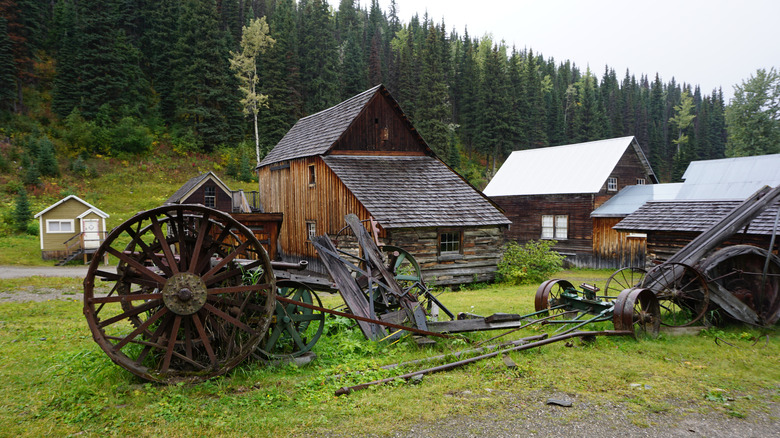 View of traditional structures and equipment in Barkerville