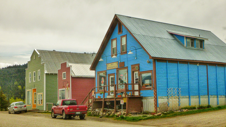 A row of colorful historic homes on a sunny day, with green forests in the background