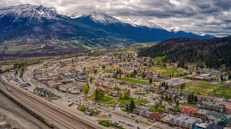 Aerial view of town of Jasper, Alberta, Canada