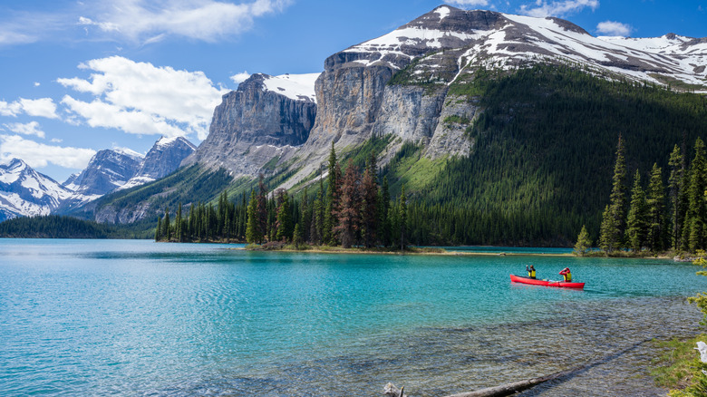 Canoeing on the calm waters of Maligne Lake in Jasper National Park