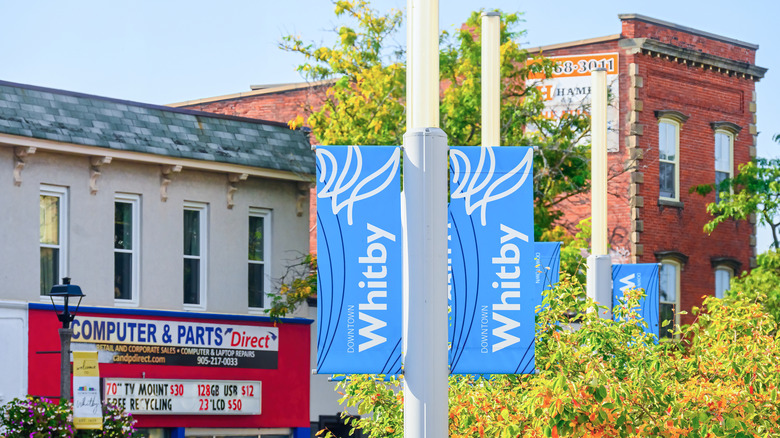 Colorful banners against Whitby's storied buildings downtown