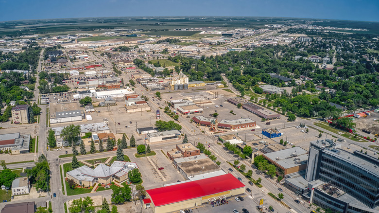 An aerial view of Steinbach Manitoba in the sun