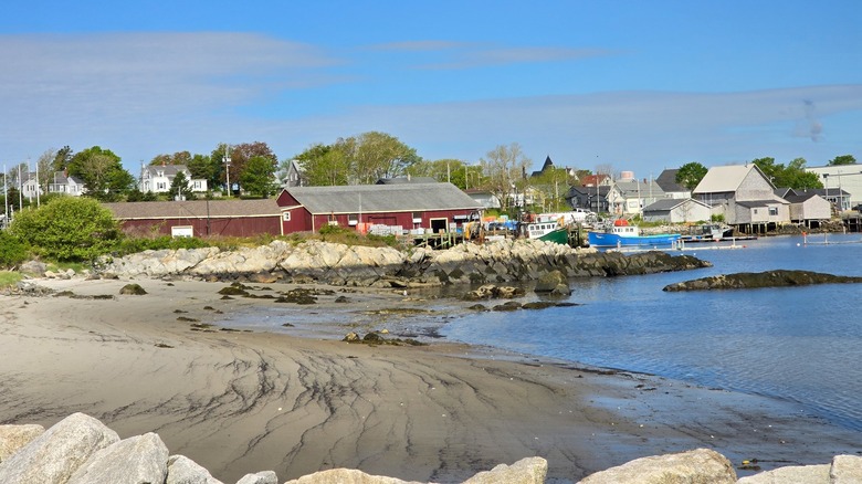 Rocky cove with small sandy beach and red fishing houses