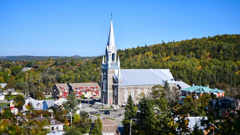 Saint-Germain Cathedral in Rimouski, Quebec, surrounded by forest