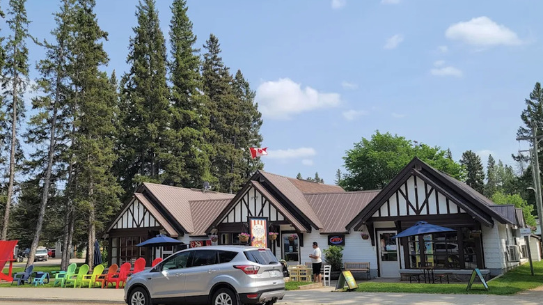 A row of shops on a road in Wasagaming Townsite, Manitoba