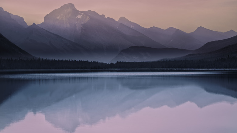 Pink sunset hues and mountain scenery reflected in Goat Pond in Alberta