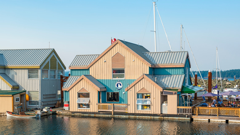 Quaint wooden building on the water in Campbell River in front of Quadra Island in British Columbia, Canada