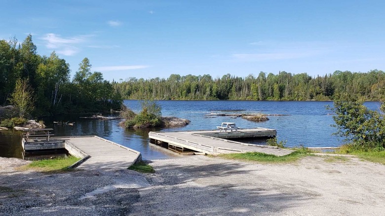 Boat docks and river view at Kelly Park in Smooth Rock Falls, Ontario, Canada