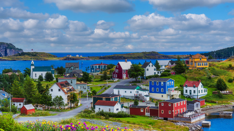 Colorful houses perched on the coast in Trinity, Newfoundland, Canada