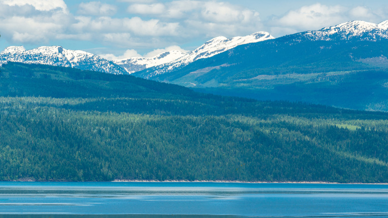 Snow-capped mountains rise behind the waters of Upper Arrow Lake in British Columbia