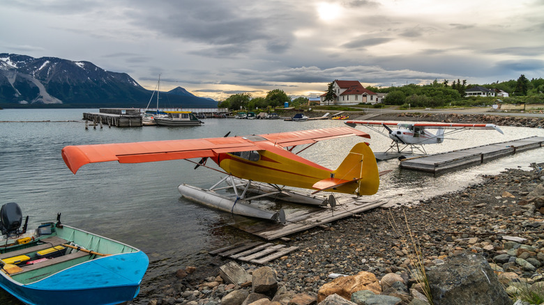 A floatplane that's landed in Atlin Lake