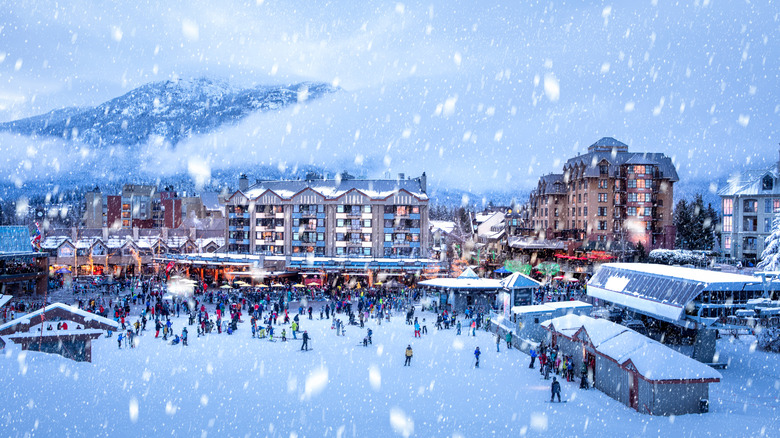 Snow falling at a ski resort in Whistler, British Columbia
