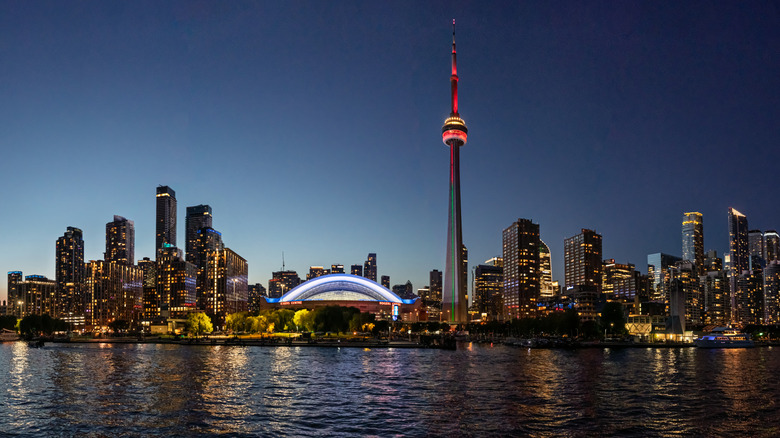 Toronto Canada skyline at night from Lake Ontario