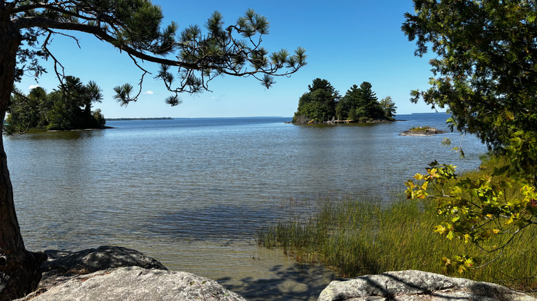 A photo of Lake Nipissing from shore with green branches on either side and small tree-covered islands in the lake